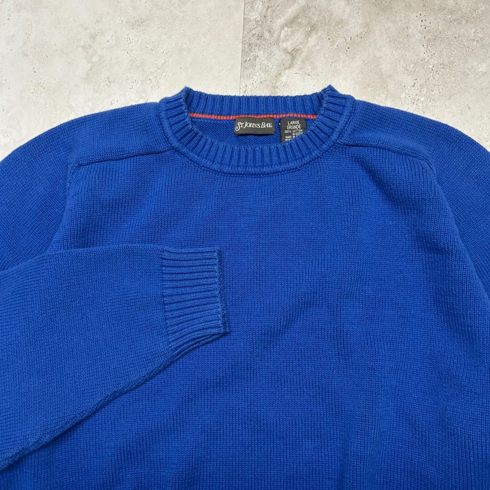 St Johns Bay Sweater Blue Mens Large Cotton Shaker Stitch Crewneck Pullover